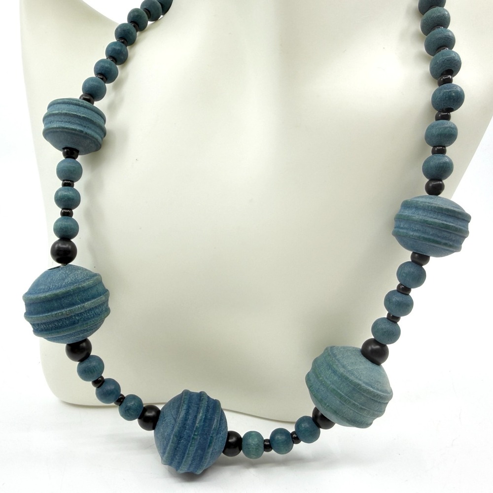 Boho Teal Wood Bead Chunky Statement Necklace - Festival Jewelry Gift